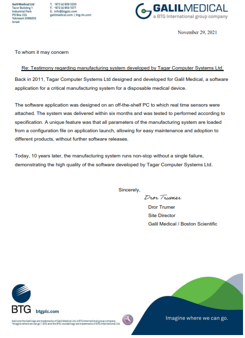 Scanned recommendation letter from Galil Medical, November 29, 2021; full text transcript below
